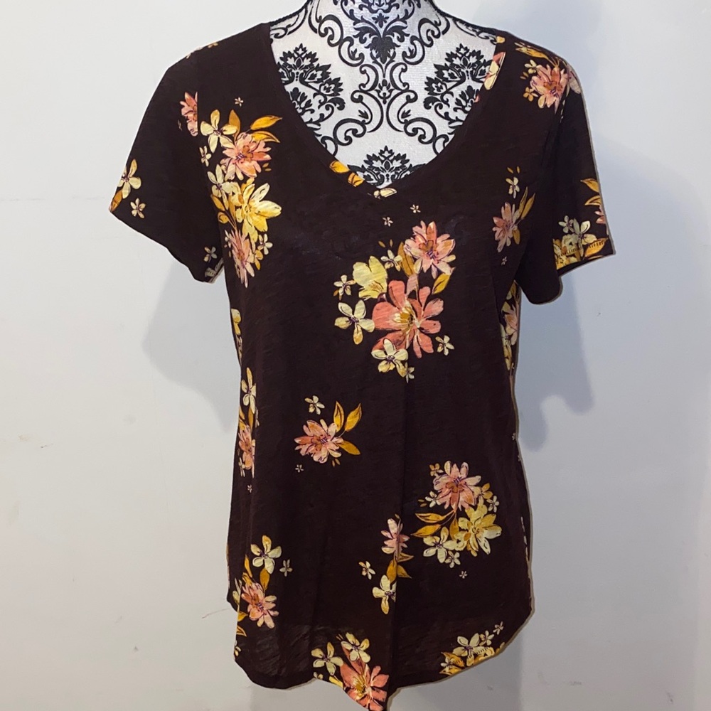 5/$25 Sonoma Brown Top with Yellow and Pink Floral Design Size Medium